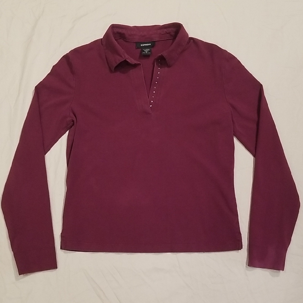 Vintage Express Maroon Long Sleeve Polo w Rhinestone Embellishment